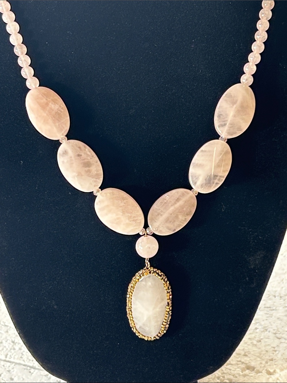Rose Quartz Pink Beaded Statement Necklace Gift Dressy Boho Coquette Chic Heals